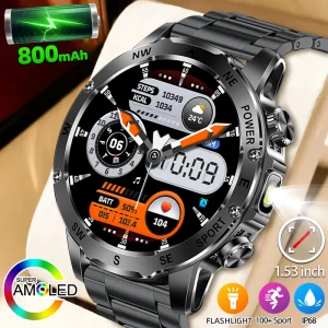Montre intelligente hommes 800mAh & lampe de poche extérieure